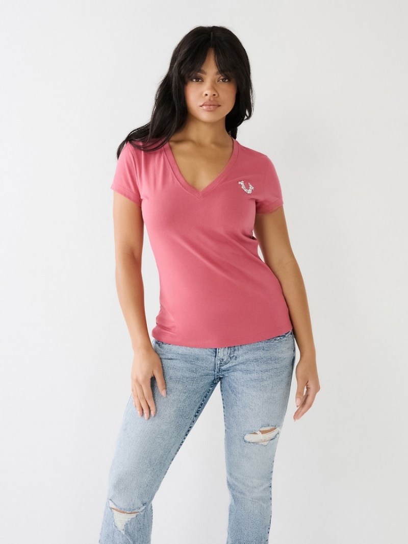 T Shirts True Religion Crystal True Religion V Neck Logo Femme Bleu Marine | PDC-77199954