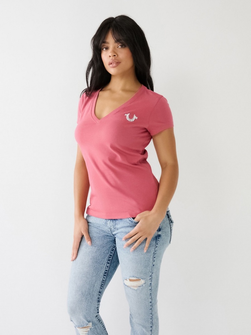 T Shirts True Religion Crystal True Religion V Neck Logo Femme Bleu Marine | PDC-77199954