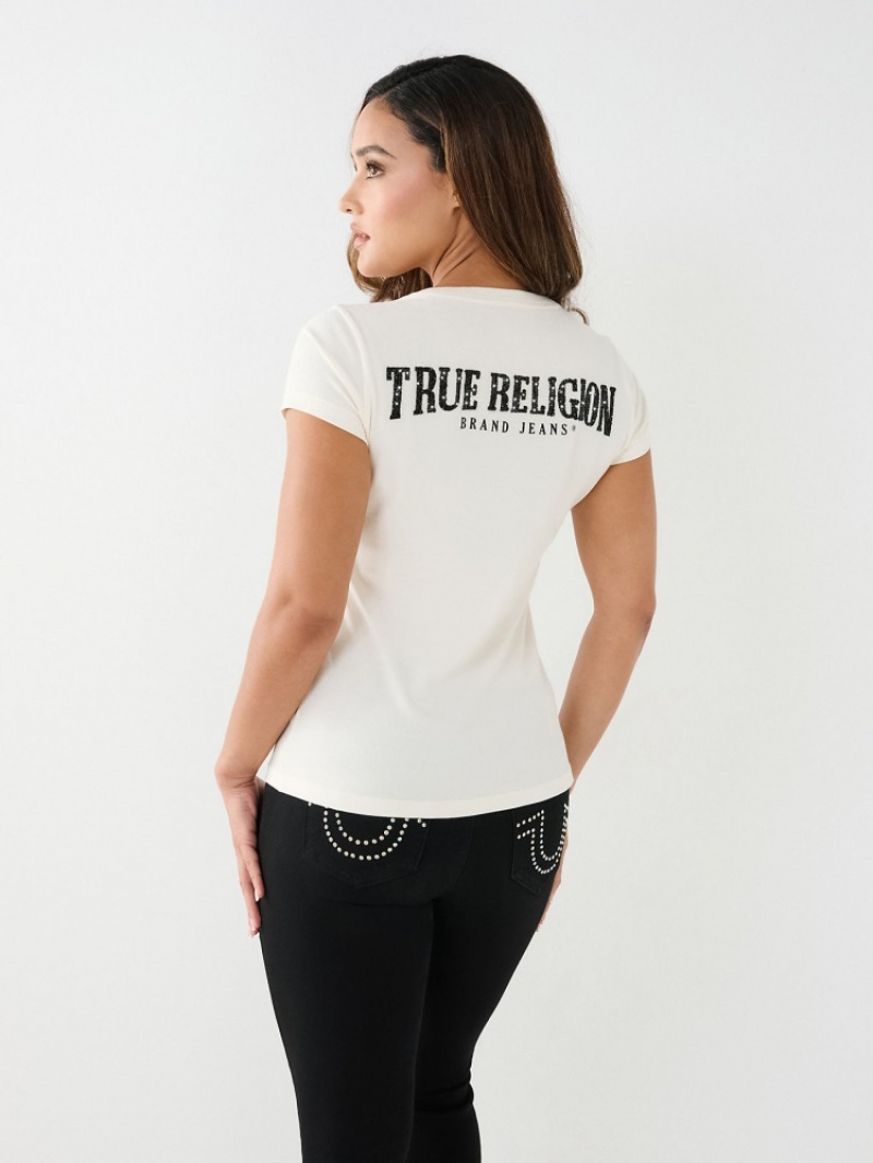 T Shirts True Religion Crystal True Religion V Neck Logo Femme Bleu | YGK-00295352