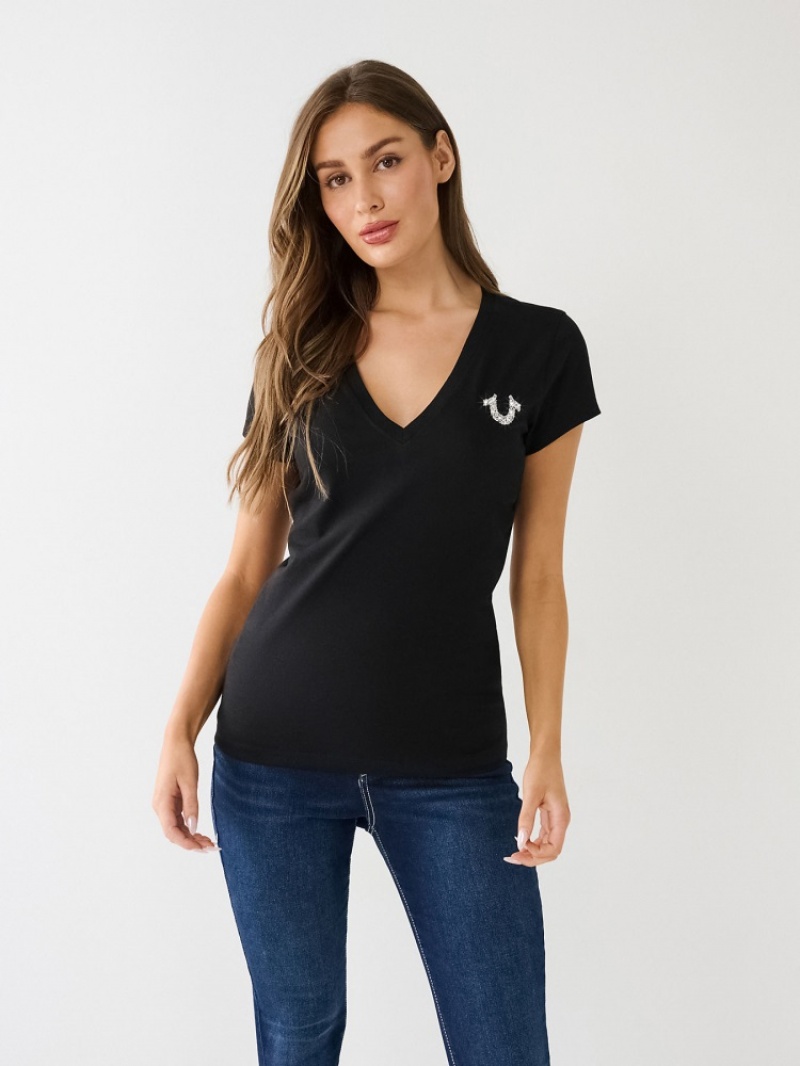 T Shirts True Religion Crystal True Religion V Neck Logo Femme Noir | XMG-34230631