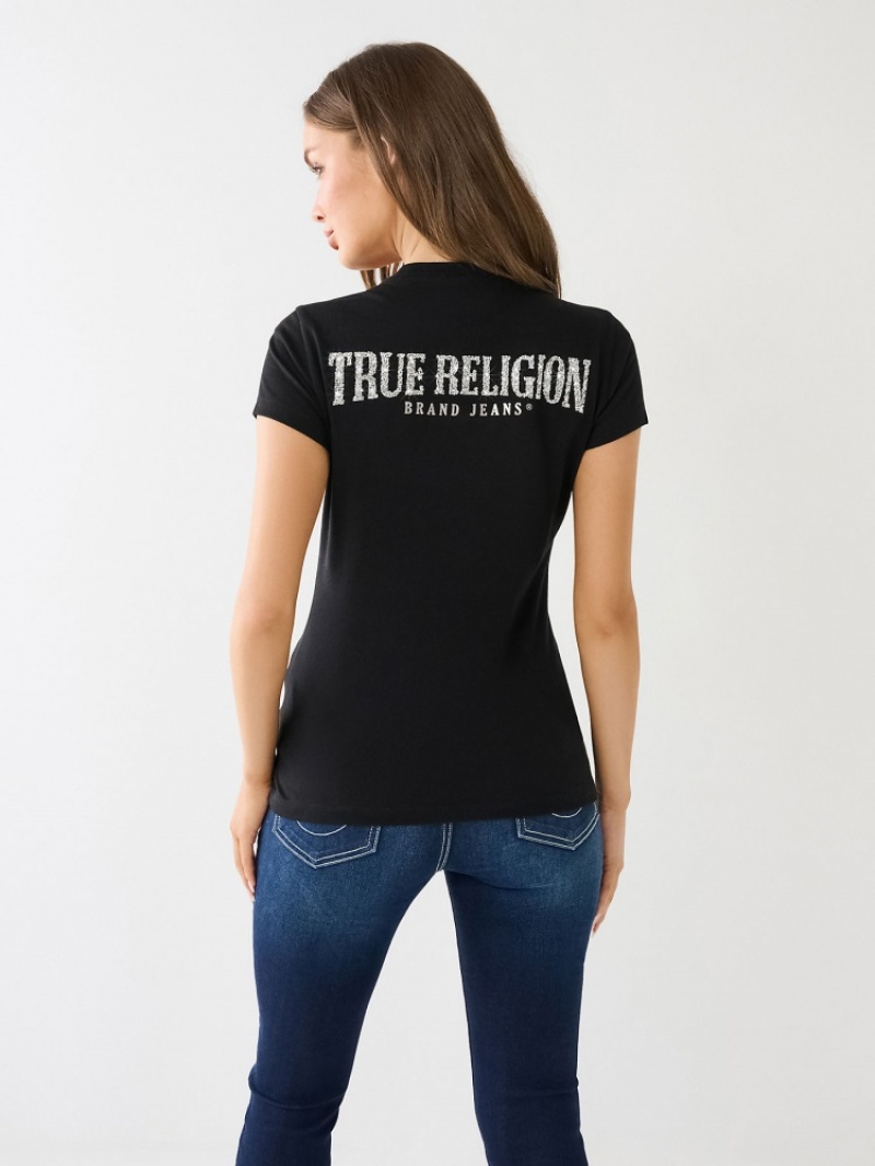 T Shirts True Religion Crystal True Religion V Neck Logo Femme Noir | XMG-34230631