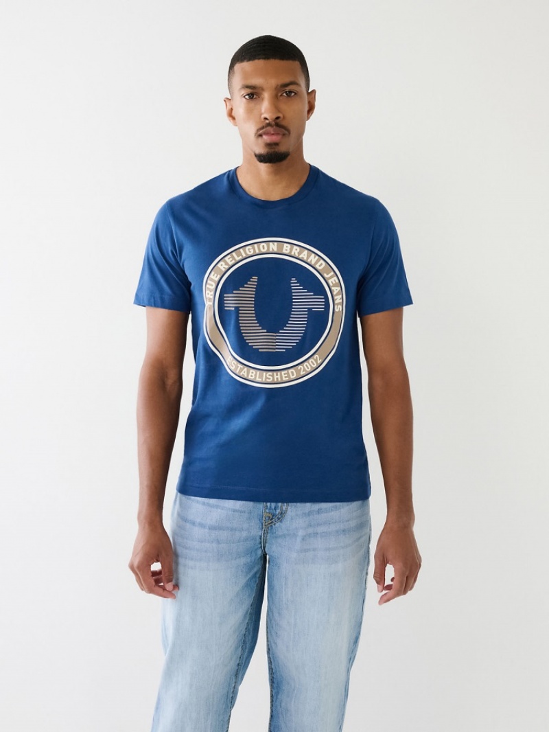 T Shirts True Religion Strike Horseshoe Logo Homme Blanche Bleu | UPF-97674682