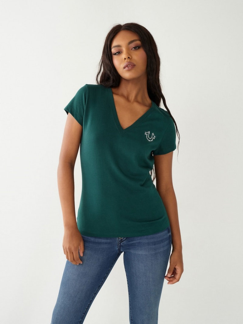 T Shirts True Religion Crystal Logo V Femme Noir | XNF-44413725