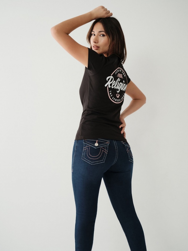 T Shirts True Religion Crystal Logo V Femme Blanche Noir | BLD-93418343