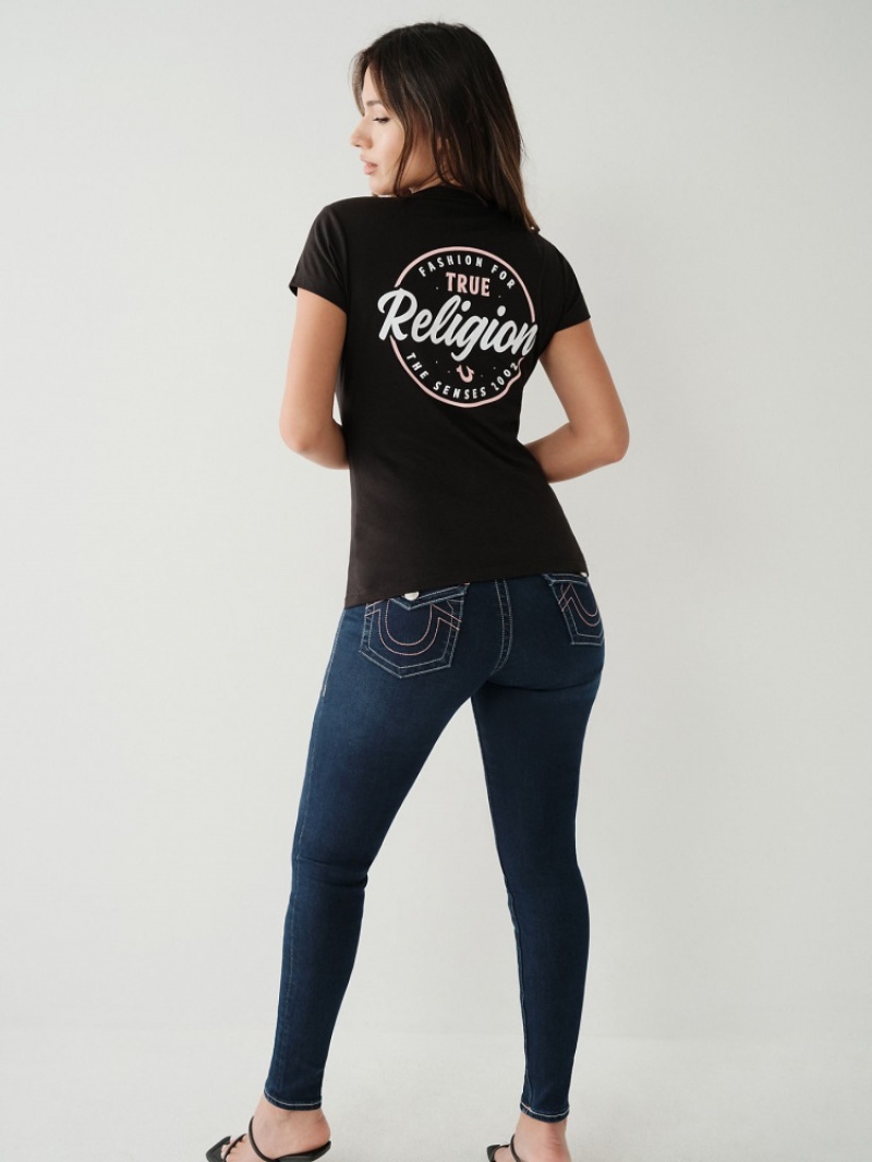 T Shirts True Religion Crystal Logo V Femme Blanche Noir | BLD-93418343