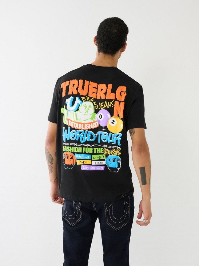 T Shirts True Religion Billiard Buddha Logo Homme Bleu Orange | MWD-59600401