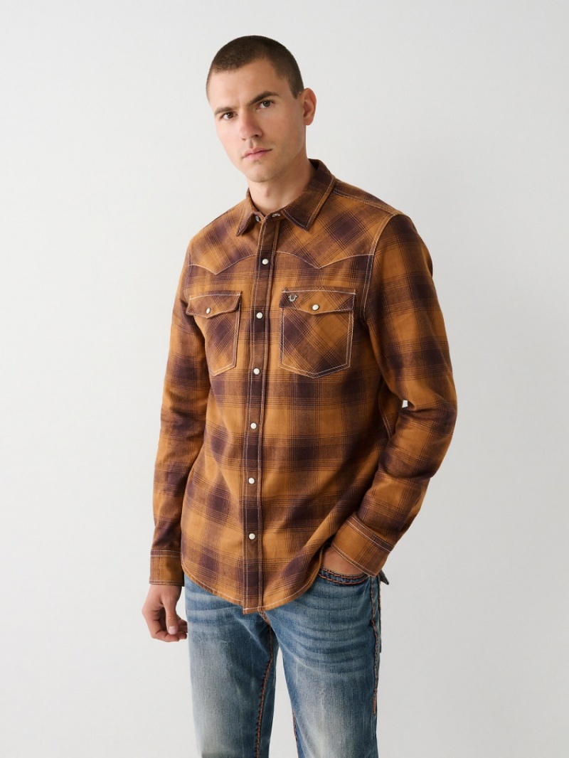 Chemises True Religion Western Plaid Flannel Shirt Homme Noir Jaune | HMV-98650885