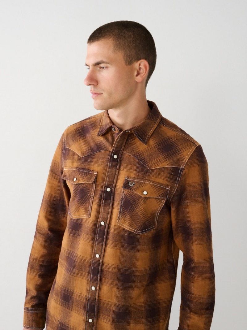 Chemises True Religion Western Plaid Flannel Shirt Homme Noir Jaune | HMV-98650885