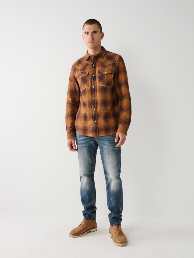 Chemises True Religion Western Plaid Flannel Shirt Homme Noir Jaune | HMV-98650885