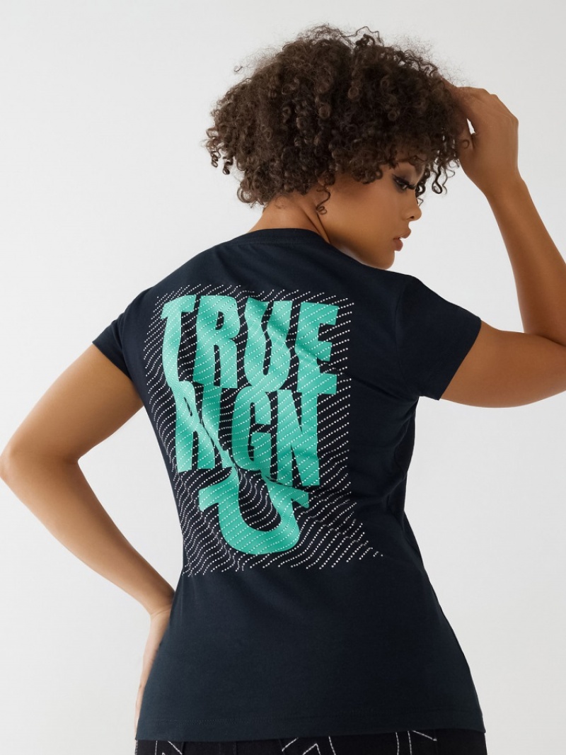 T Shirts True Religion Crystal Logo V Femme Blanche Bleu | PMC-73498594