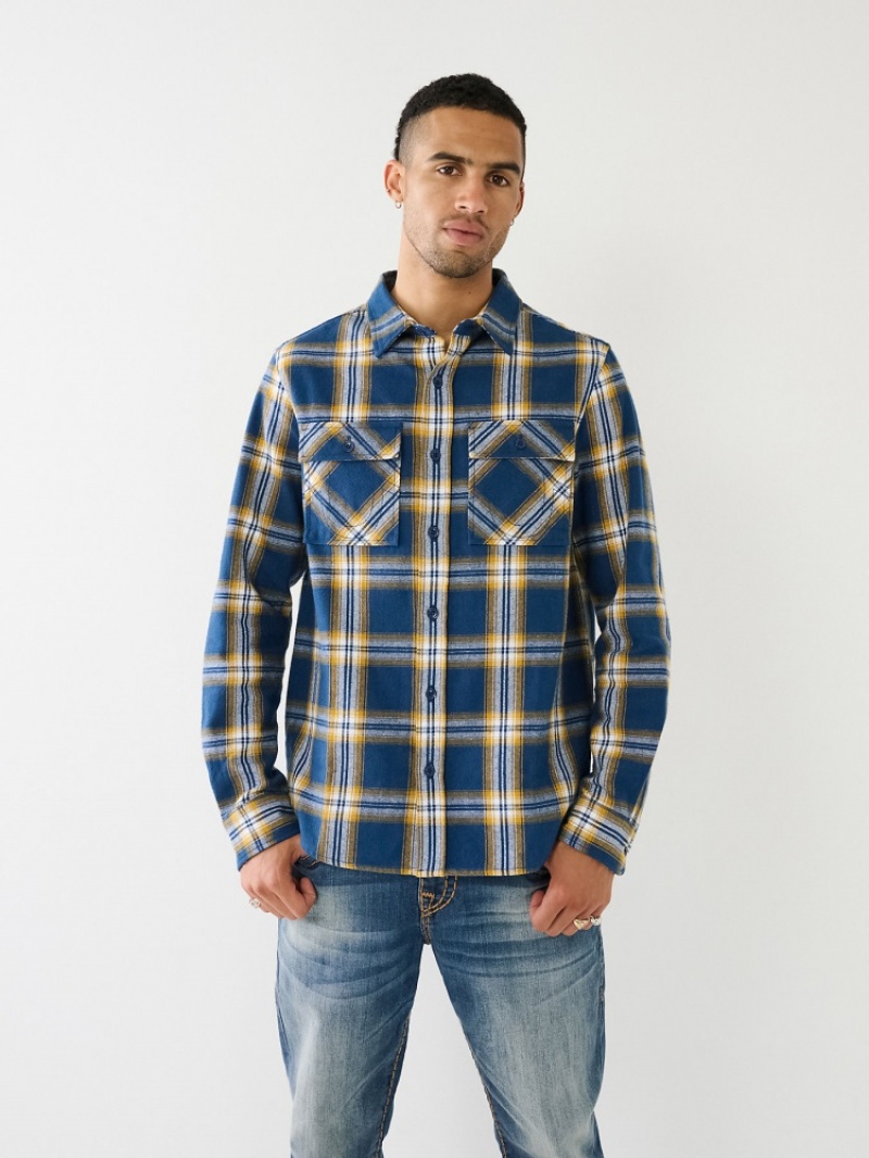 Chemises True Religion Tr Plaid Shirt Homme Bleu Marine | XCG-85837877