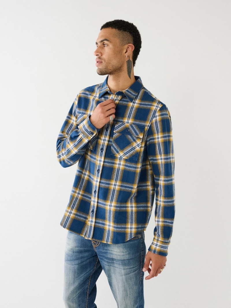 Chemises True Religion Tr Plaid Shirt Homme Bleu Marine | XCG-85837877