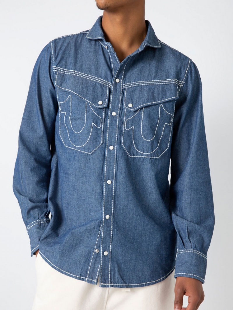 Chemises True Religion Sebastien Ami X True Religion Chambray Western Top Homme Bleu | LEX-99939044