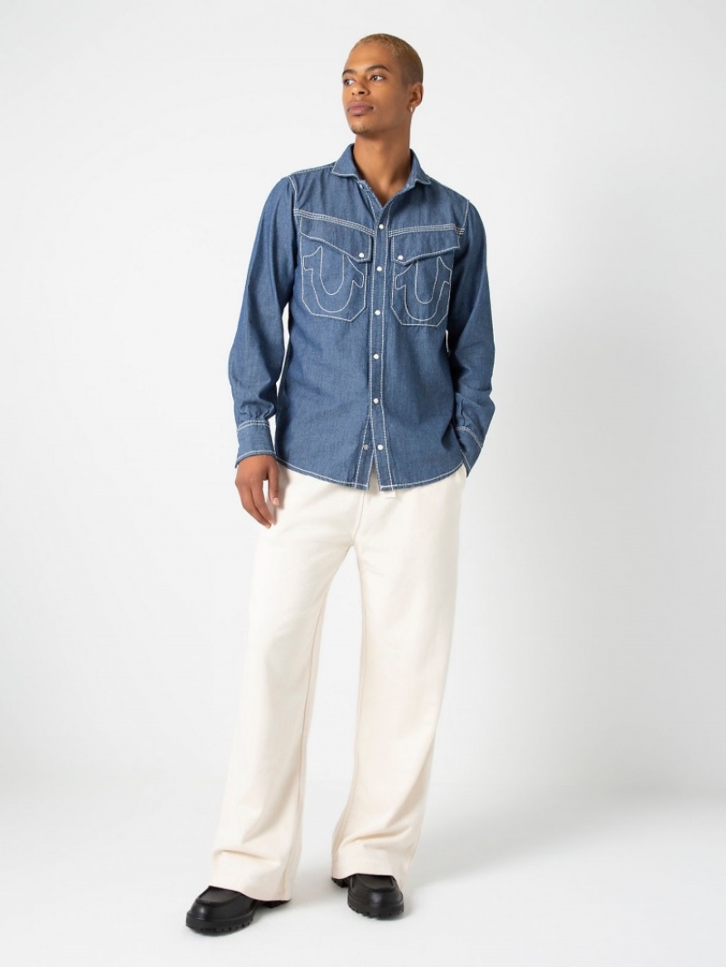 Chemises True Religion Sebastien Ami X True Religion Chambray Western Top Homme Bleu | LEX-99939044