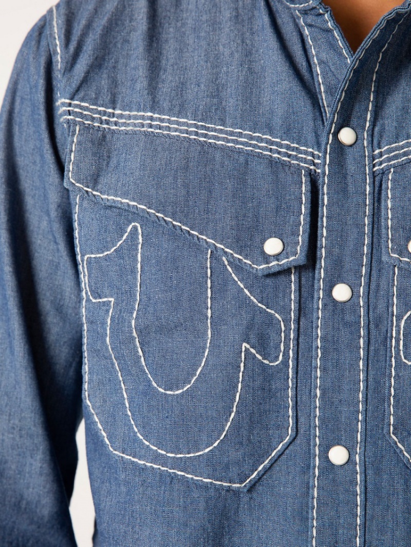 Chemises True Religion Sebastien Ami X True Religion Chambray Western Top Homme Bleu | LEX-99939044