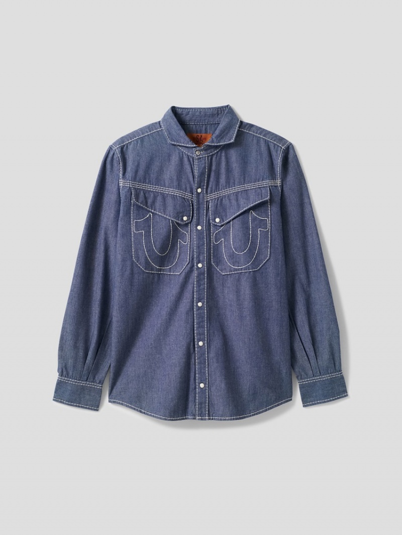 Chemises True Religion Sebastien Ami X True Religion Chambray Western Top Homme Bleu | LEX-99939044