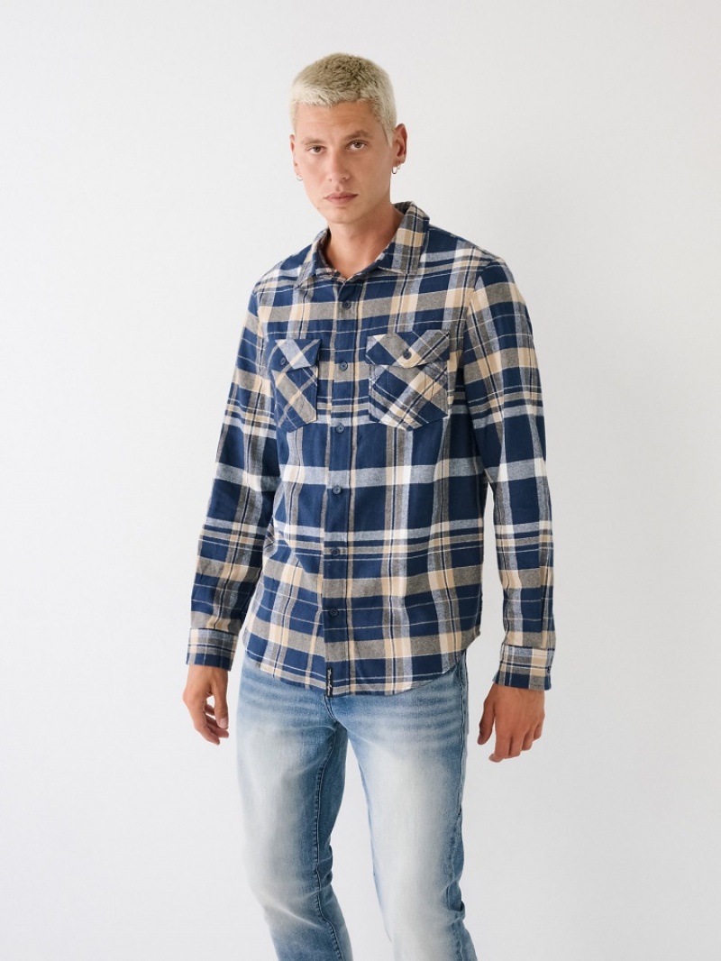 Chemises True Religion Plaid Flannel Shirt Homme Blanche Noir | OXE-37029894