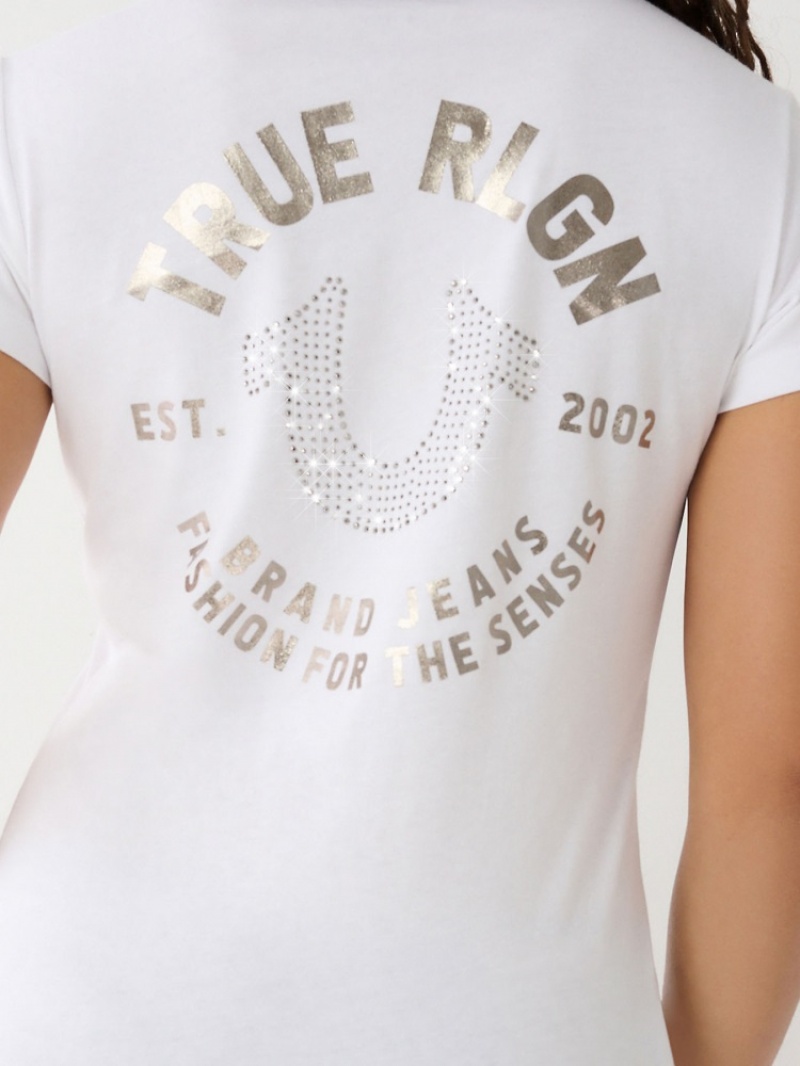 T Shirts True Religion Crystal Horseshoe V Femme Blanche Bleu | YVN-33779532