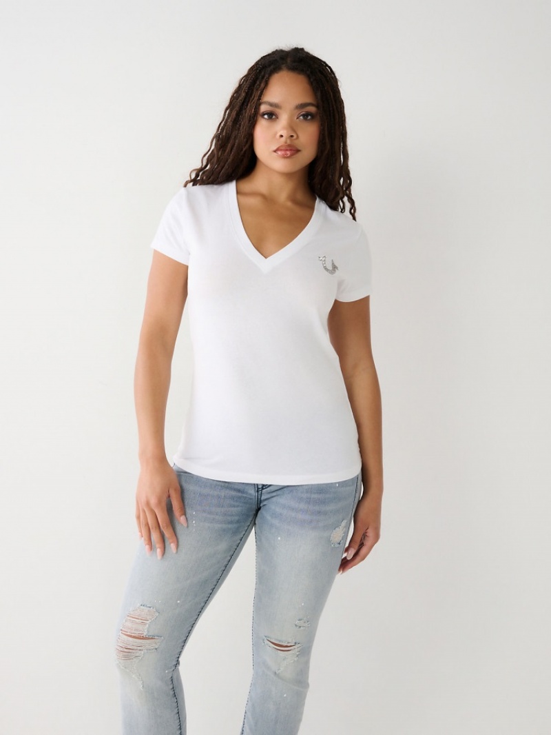 T Shirts True Religion Crystal Horseshoe V Femme Blanche Bleu | YVN-33779532