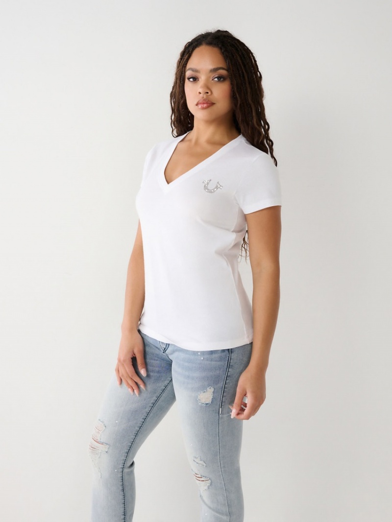 T Shirts True Religion Crystal Horseshoe V Femme Blanche Bleu | YVN-33779532