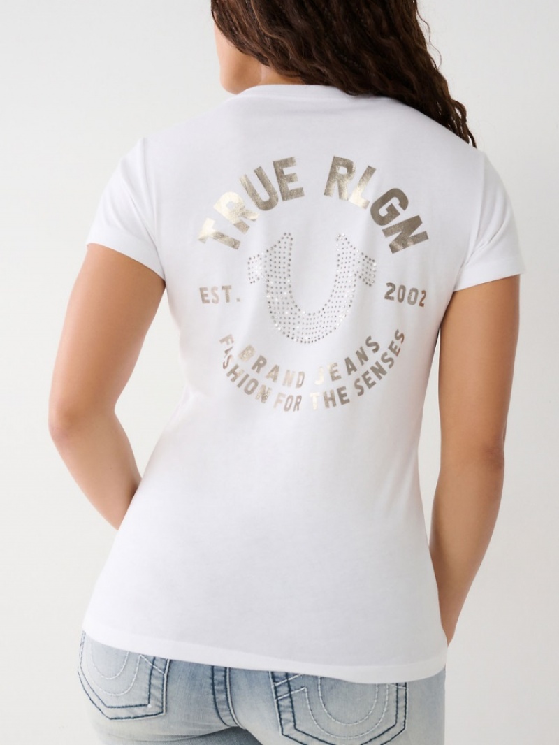 T Shirts True Religion Crystal Horseshoe V Femme Blanche Bleu | YVN-33779532