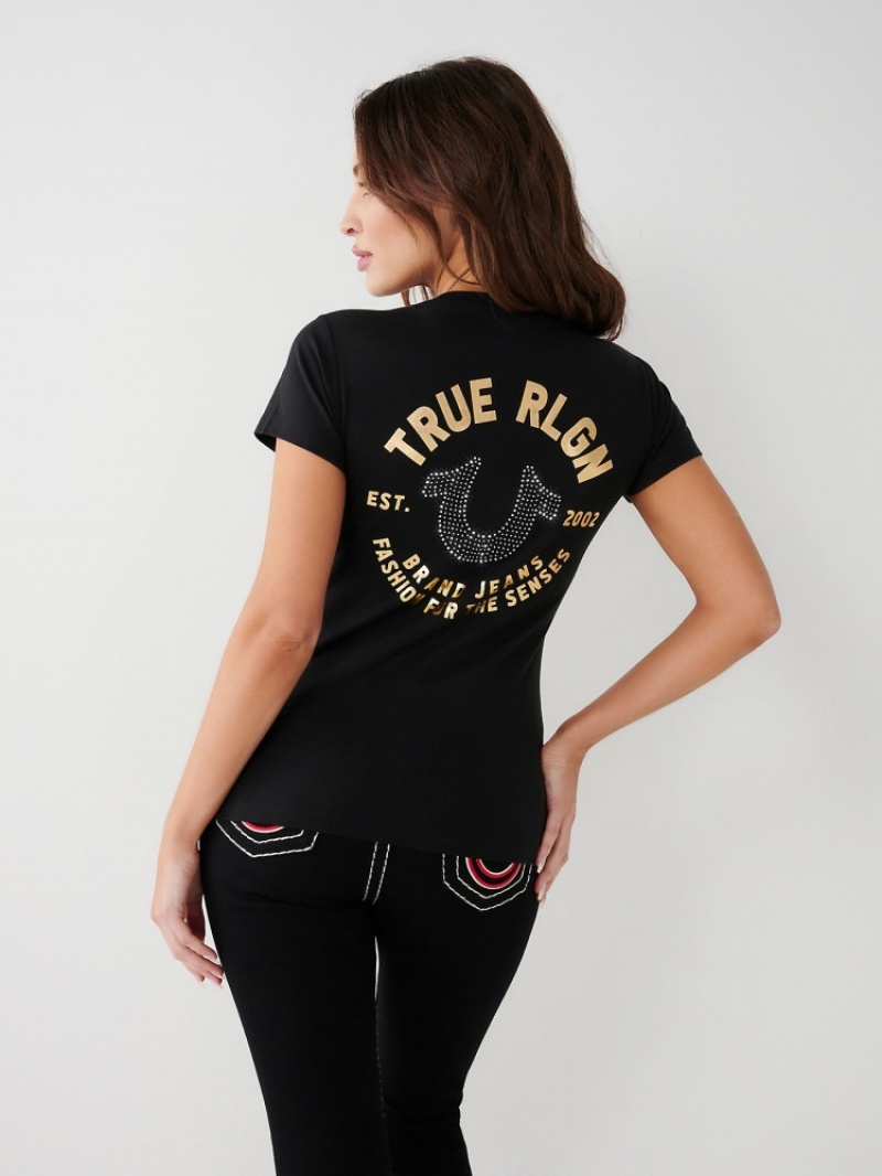 T Shirts True Religion Crystal Horseshoe V Femme Bleu Marine | QSS-59680764