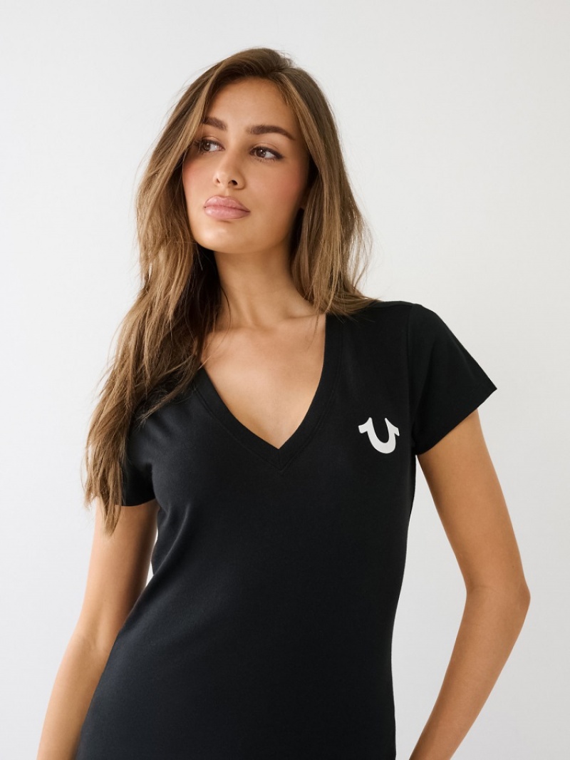 T Shirts True Religion Crystal Horseshoe Logo V Neck Femme Noir | EGH-67417465