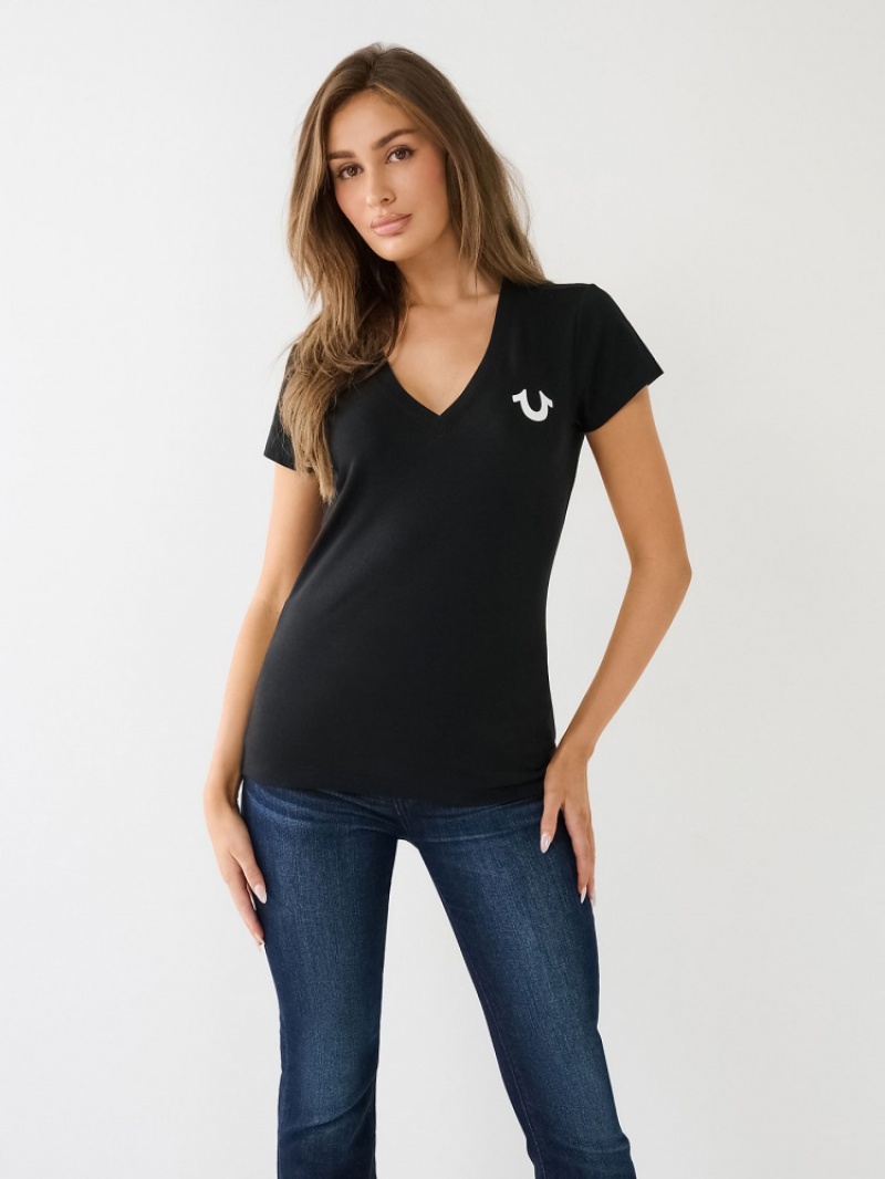 T Shirts True Religion Crystal Horseshoe Logo V Neck Femme Noir | EGH-67417465