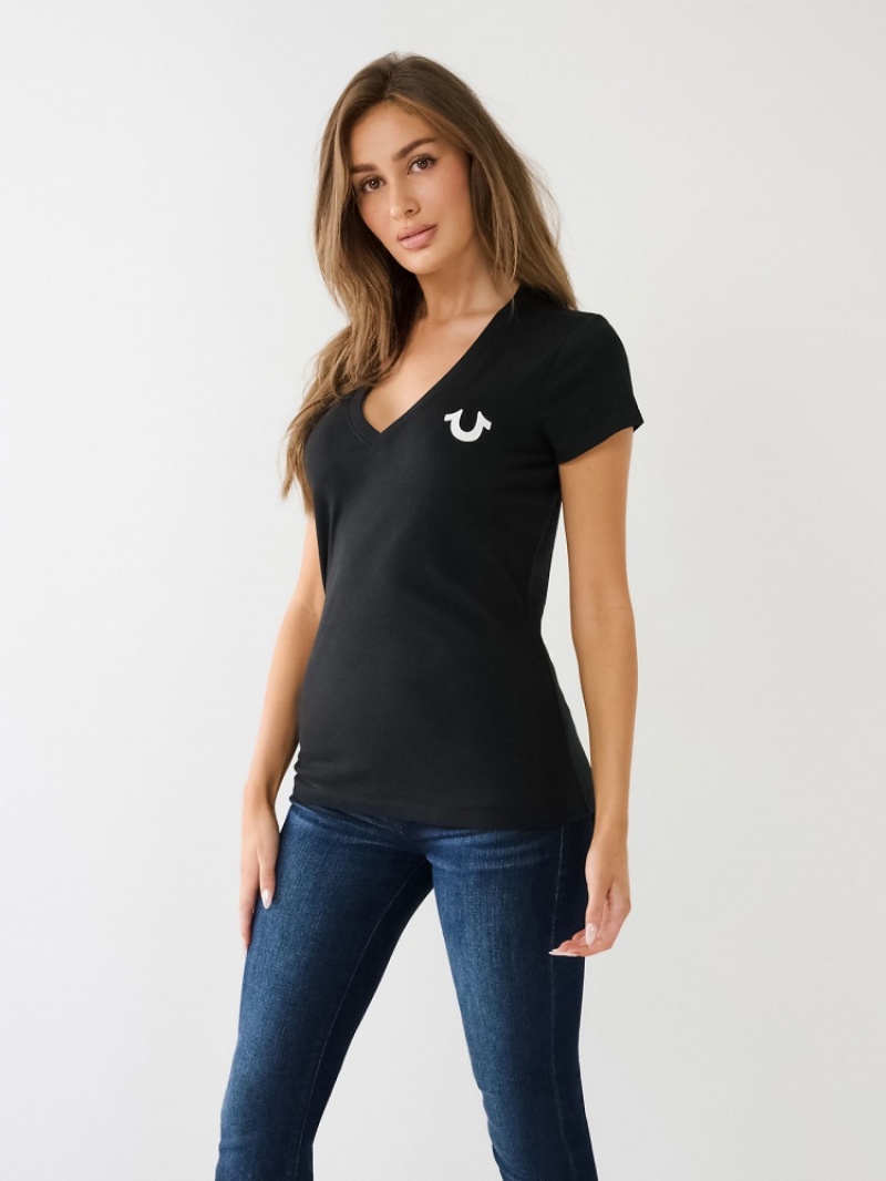 T Shirts True Religion Crystal Horseshoe Logo V Neck Femme Noir | EGH-67417465