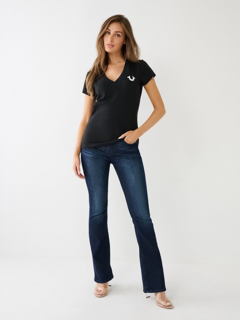 T Shirts True Religion Crystal Horseshoe Logo V Neck Femme Noir | EGH-67417465