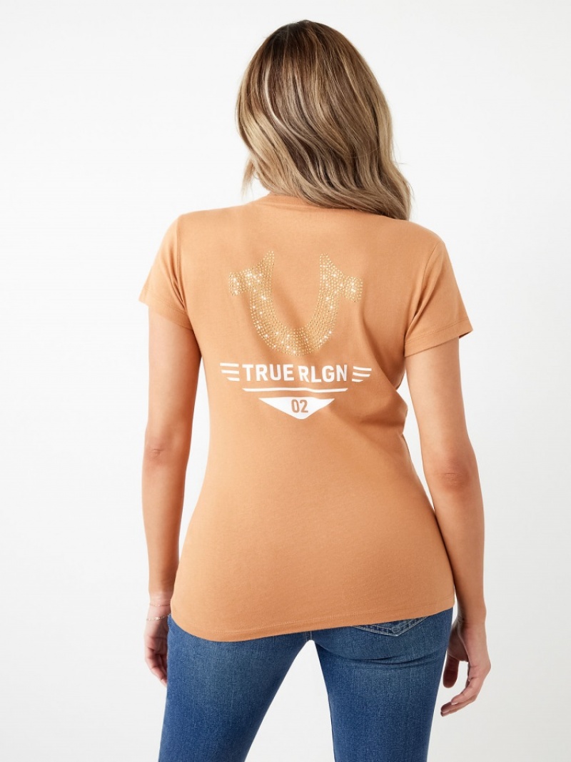 T Shirts True Religion Crystal Horseshoe Logo V Neck Femme Bleu | MVO-61880554