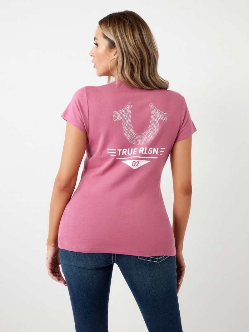 T Shirts True Religion Crystal Horseshoe Logo V Neck Femme Bleu Marine | LLA-85893051