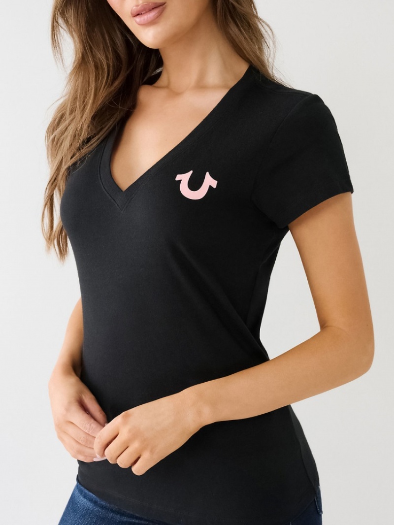 T Shirts True Religion Crystal Horseshoe Logo V Neck Femme Noir | GOK-84975475