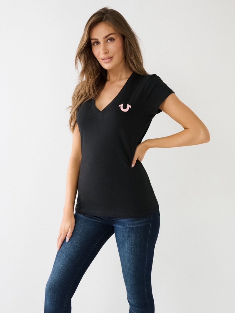 T Shirts True Religion Crystal Horseshoe Logo V Neck Femme Noir | GOK-84975475