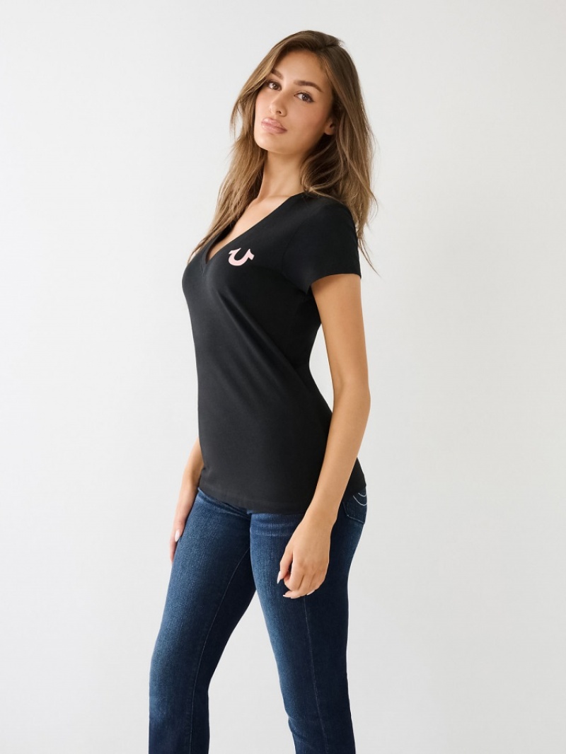 T Shirts True Religion Crystal Horseshoe Logo V Neck Femme Noir | GOK-84975475