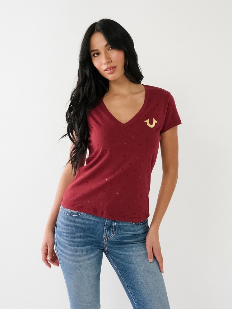 T Shirts True Religion Crystal Horseshoe Logo V Neck Femme Blanche Bleu Marine | OCQ-48290890