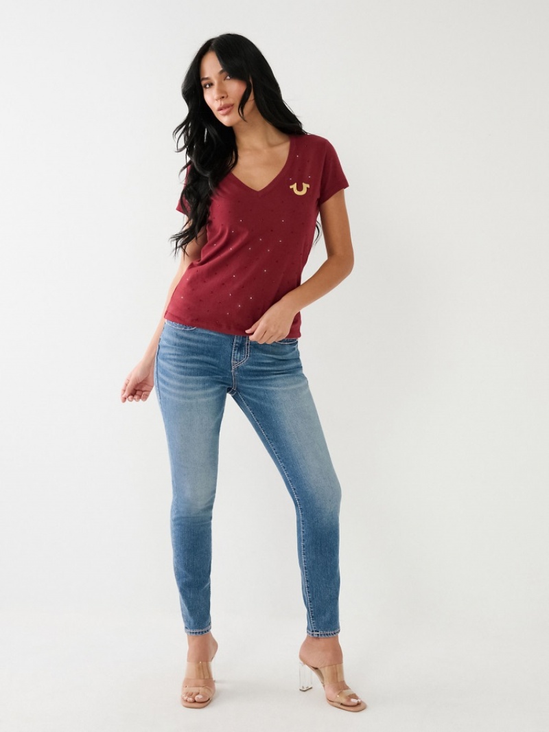 T Shirts True Religion Crystal Horseshoe Logo V Neck Femme Blanche Bleu Marine | OCQ-48290890