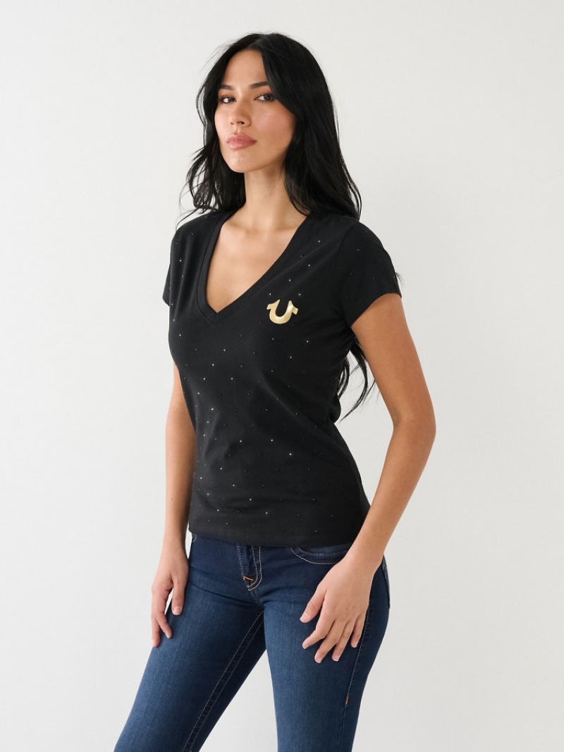 T Shirts True Religion Crystal Horseshoe Logo V Neck Femme Bleu Marine | WRX-72326504