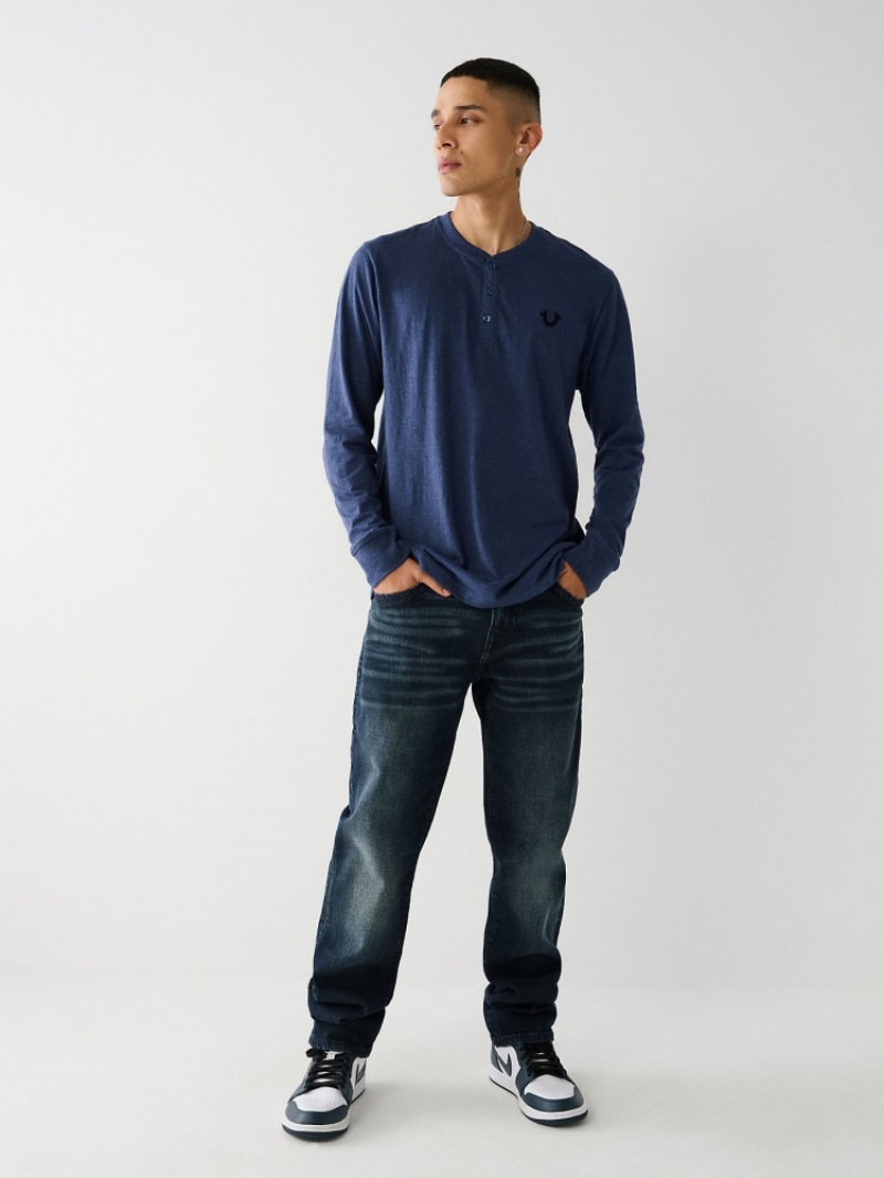 Chemises True Religion Logo Henley Shirt Homme Bleu Marine | VLB-75400830