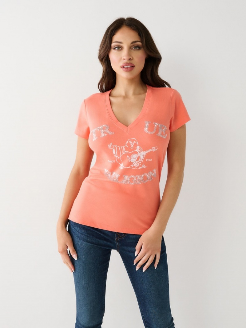 T Shirts True Religion Crystal Buddha V Femme Kaki | YOI-64186602