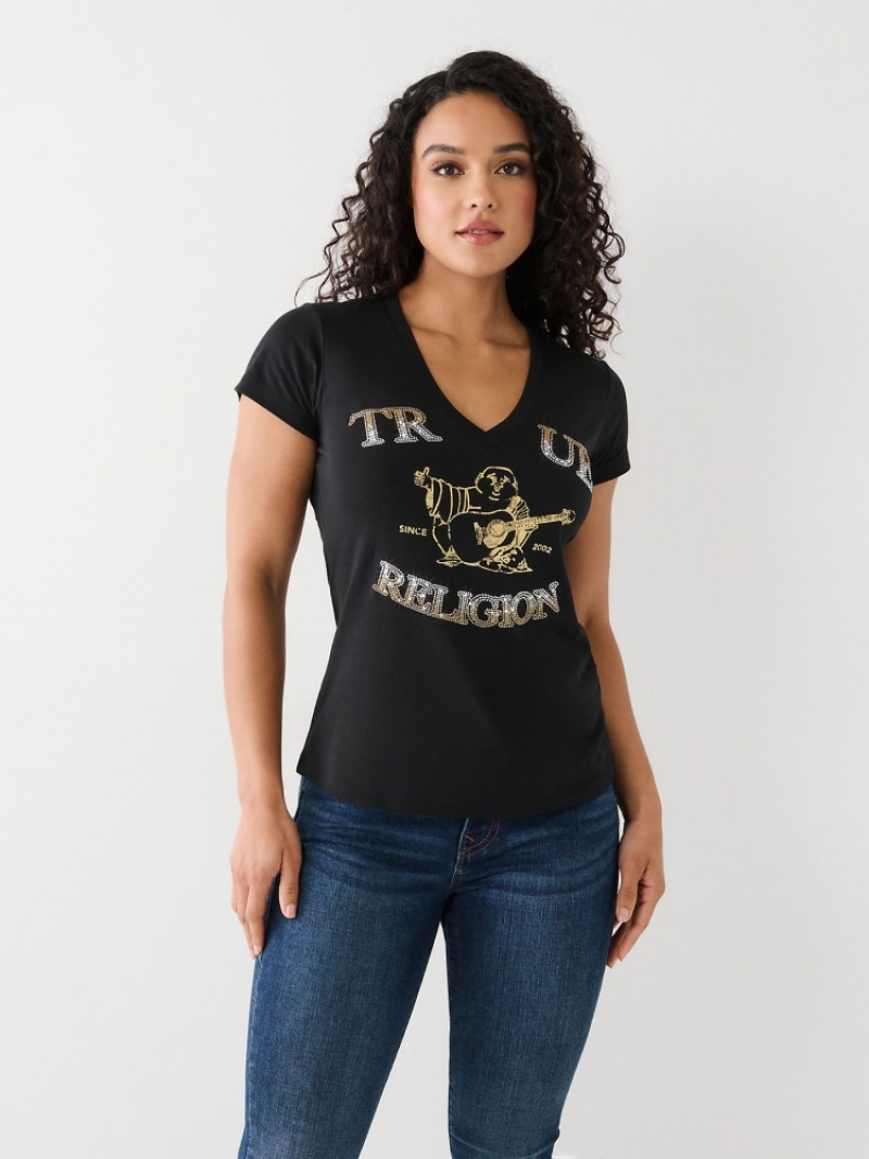 T Shirts True Religion Crystal Buddha V Femme Bleu | HXH-37720149