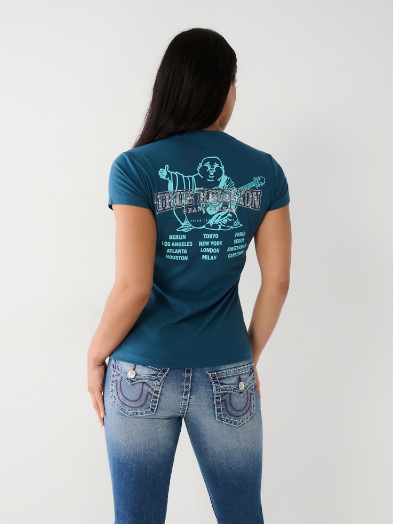 T Shirts True Religion Crystal Buddha V Femme Bleu | NXE-68799197