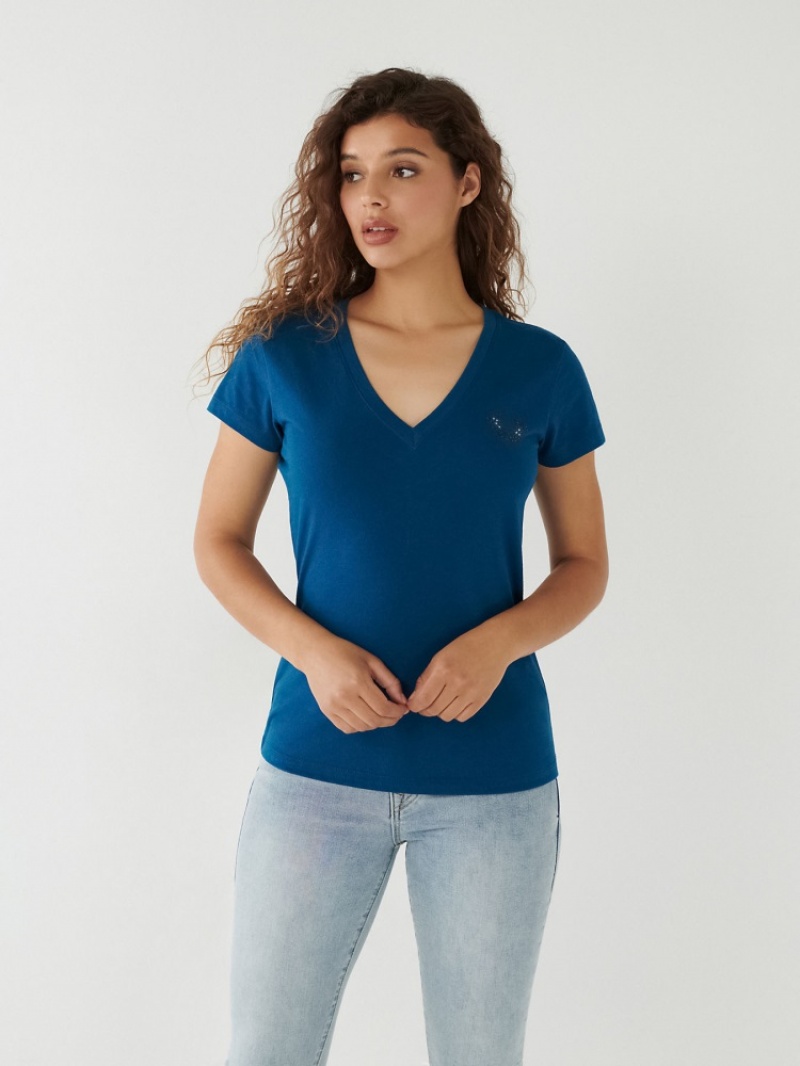 T Shirts True Religion Crystal Buddha V Femme Bleu | TKB-45207609