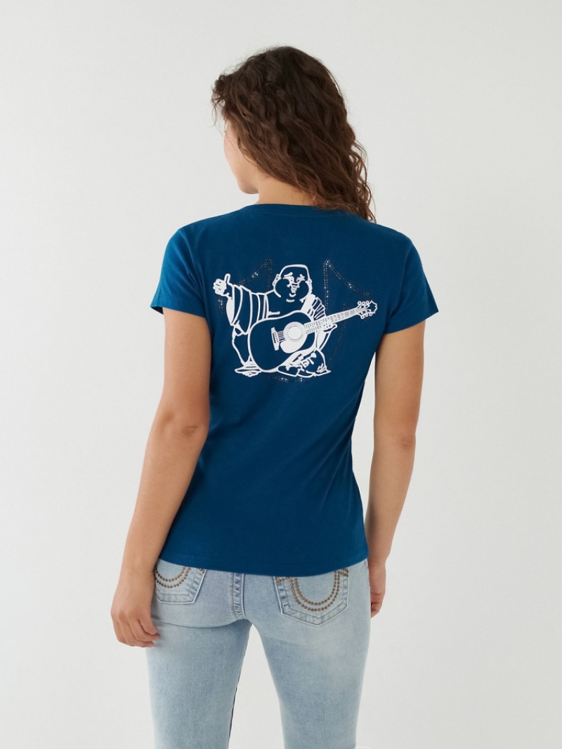 T Shirts True Religion Crystal Buddha V Femme Bleu | TKB-45207609