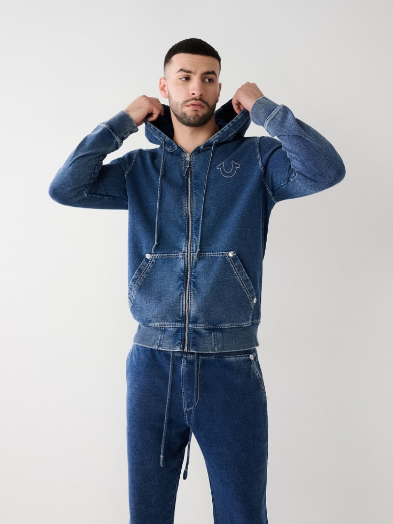 Sweat a Capuche True Religion Indigo Big T Zip Homme Bleu | SOU-75757020