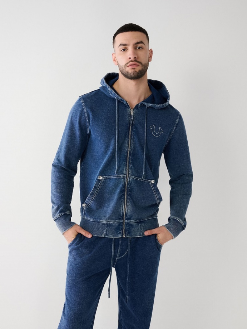 Sweat a Capuche True Religion Indigo Big T Zip Homme Bleu | SOU-75757020