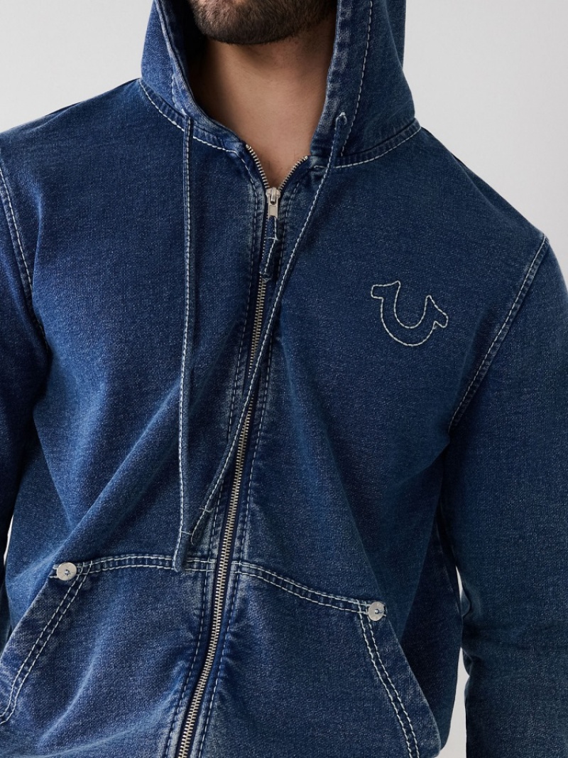 Sweat a Capuche True Religion Indigo Big T Zip Homme Bleu | SOU-75757020