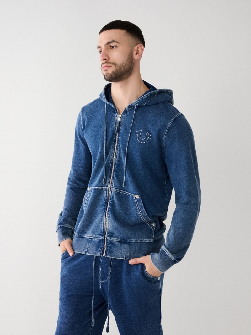 Sweat a Capuche True Religion Indigo Big T Zip Homme Bleu | SOU-75757020