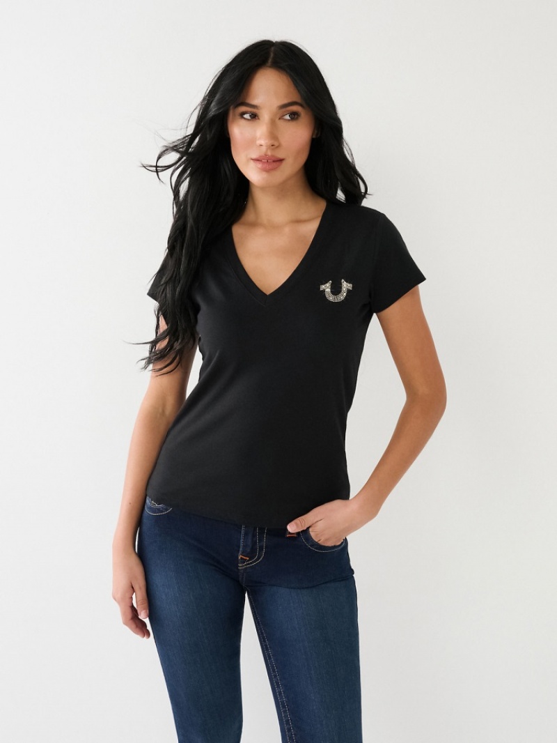 T Shirts True Religion Crystal Buddha Logo V Neck Femme Kaki | VUD-55228745