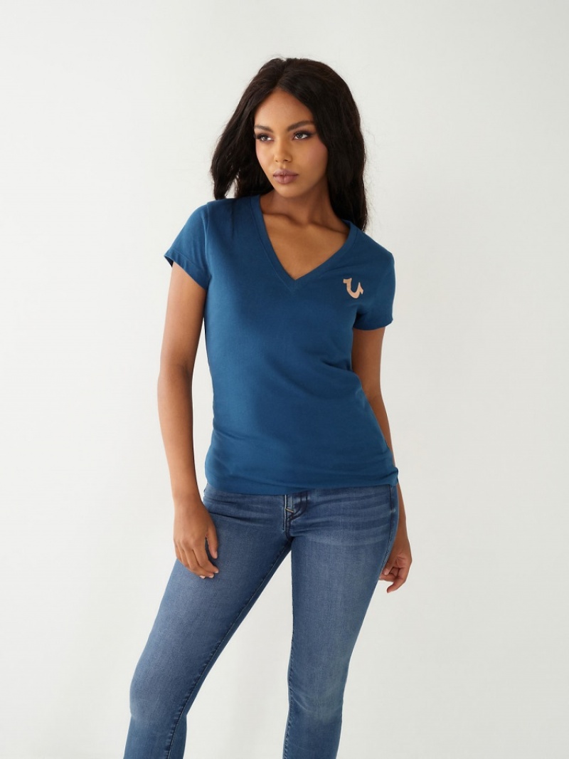 T Shirts True Religion Buddha Logo V Femme Bleu Marine | MDG-63396761